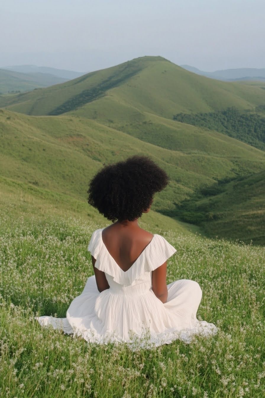 A woman in a white dress sitting among wildflowers, looking out over green hills.
