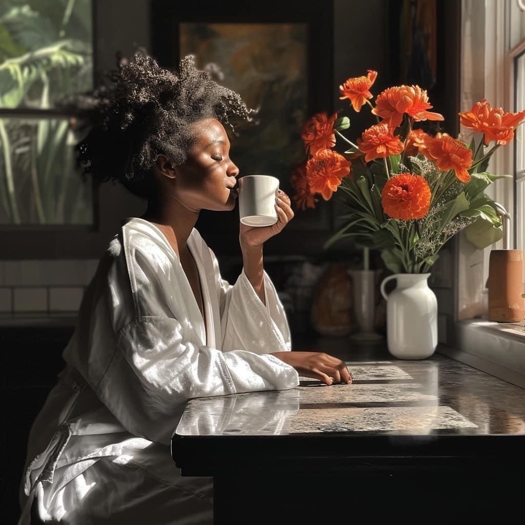 A woman enjoying a quiet cup of tea beside a sunlit window and orange flowers.